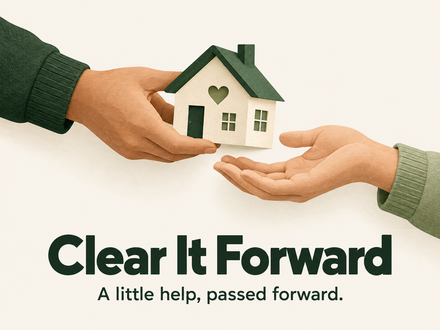 Two hands passing a small house: Clear It Forward, a little help passed forward
