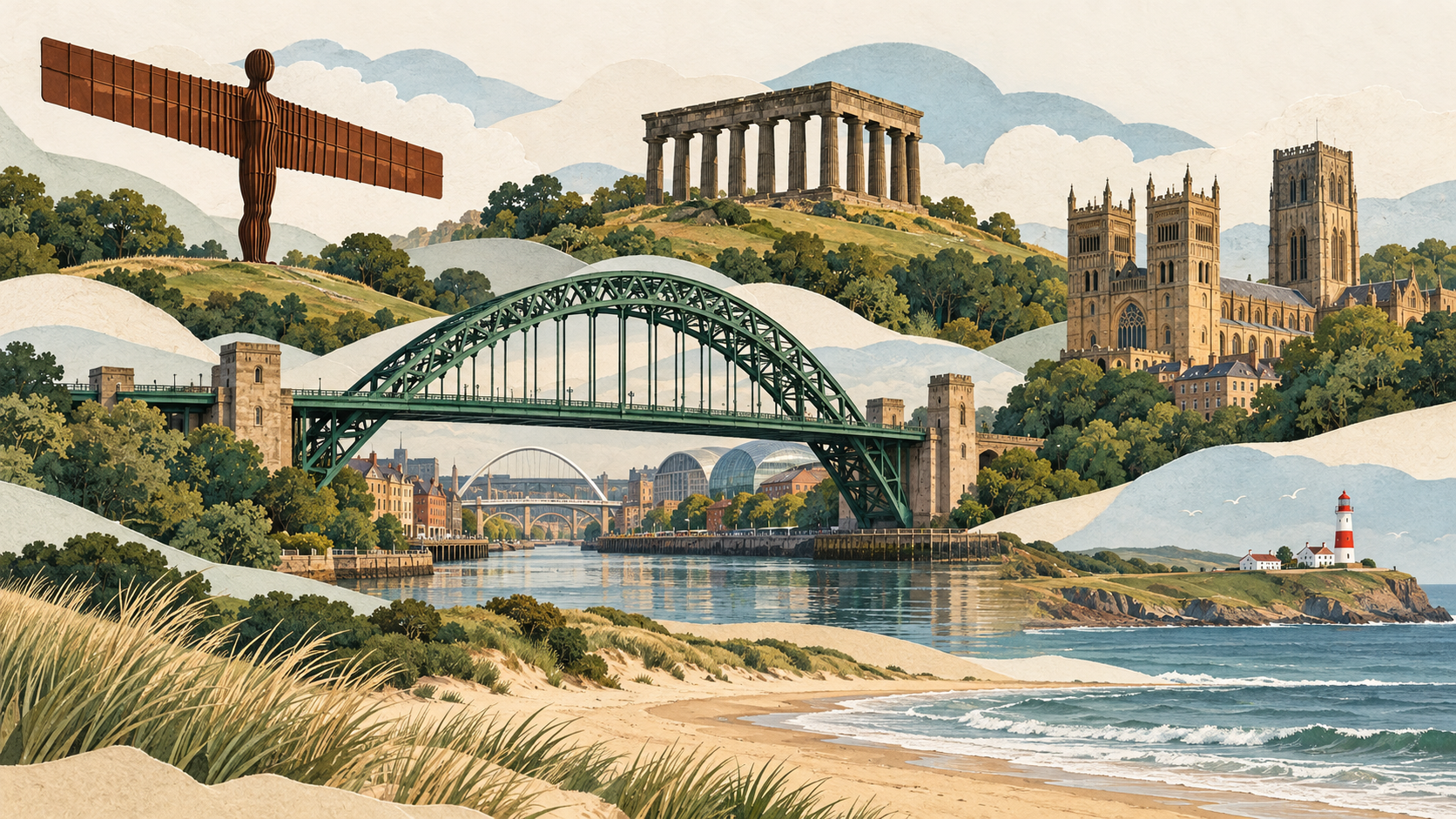 Illustrated montage of the Angel of the North, Penshaw Monument, Durham Cathedral, Tyne Bridge and the South Tyneside coast